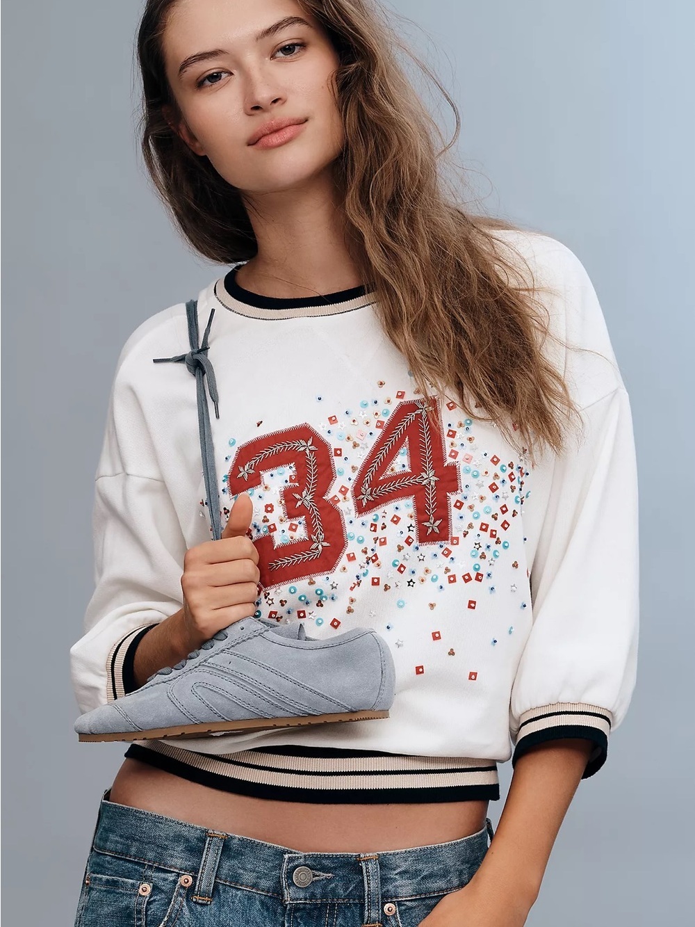Anthropologie Pilcro Beaded Varsity Crew-Neck Tee Size SP